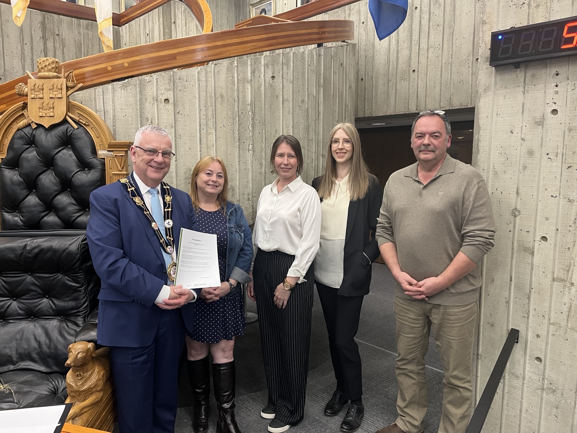 (L-r) Mayor Breen, Neachel Keeping, Archivist, Paula French, Archives Technician, Samantha Tuck, Records Analyst, and Kirk Rogers, Manager of Archives and Records Management.