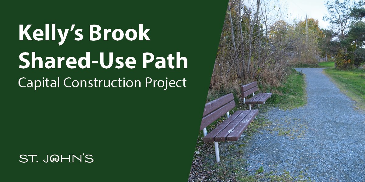 An image of Kelly's Brooke Trail with a green overlay that says Kelly's Brook Shared-Use Path, Capital Construction Project