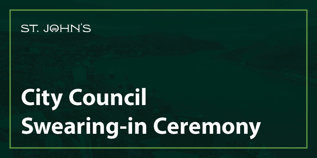 Dark green background with text that says City Council Swearing-In Ceremony