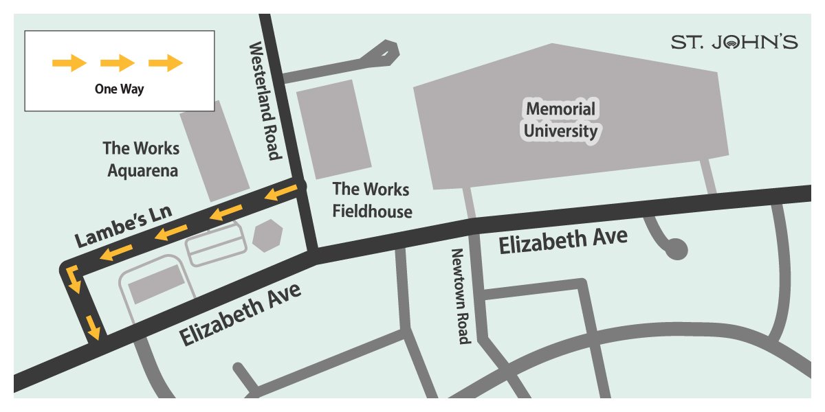 A map of Lambe’s Lane, illustrating the new one-way traffic flow from Westerland Road to Elizabeth Avenue, including the roadway extension and directional arrows.