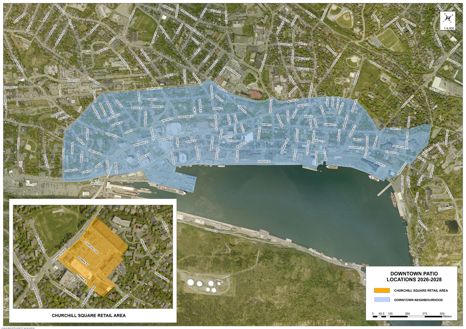 Map depicting a large area in Downtown St. John's and Churchill Square. 