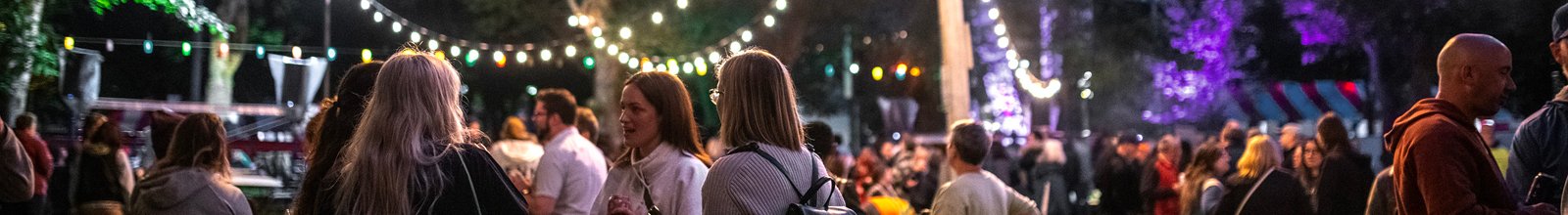 A crowd of people walking under twinkling lights