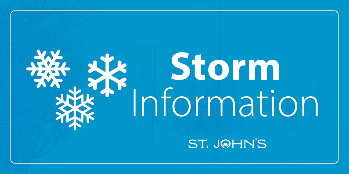 Blue background with white text "Storm Information" with the St. John's logo