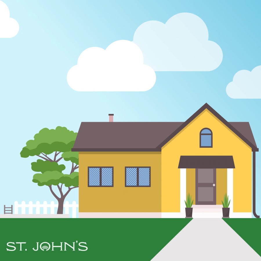 animated house and yard with city logo