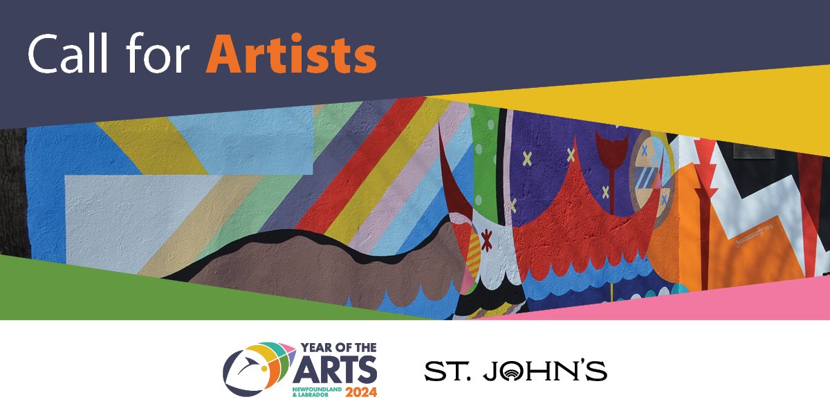 Picture of painted mural with text "Call for Artists" with the Year of the Arts logo and the City of St. John's logo