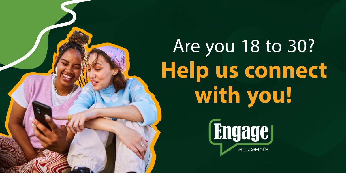 Green graphic with an image of two people smiling looking at a smartphone. Text says 