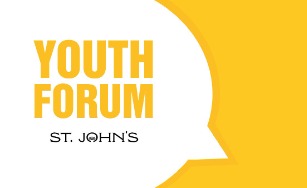 white word balloon on yellow background with text: Youth Forum St. John's