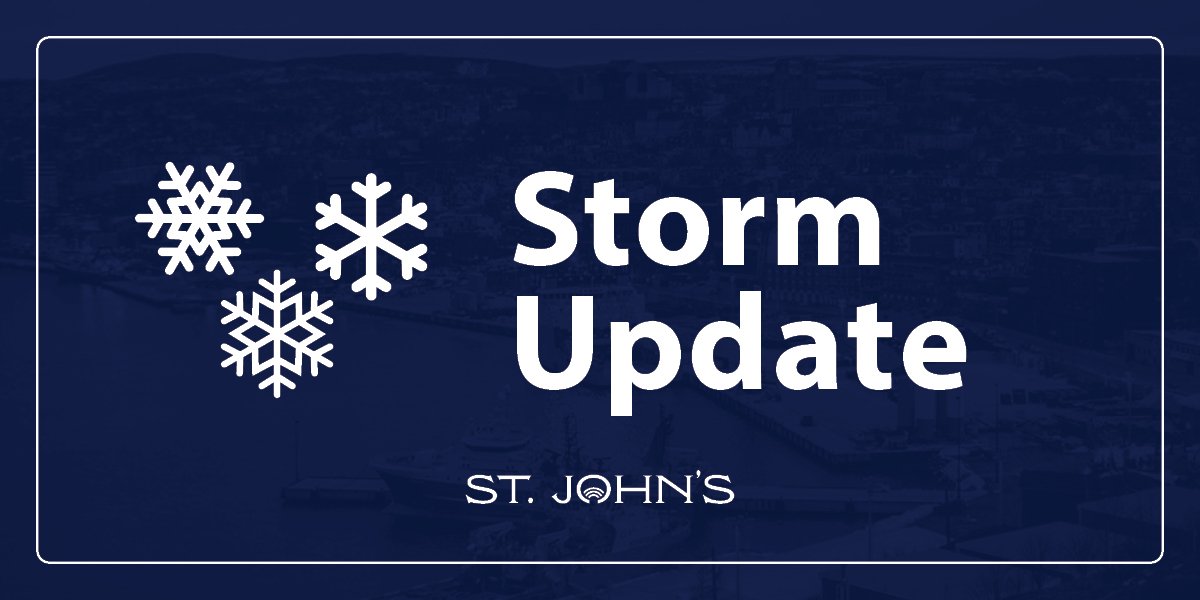 white text that says Storm Update and white snow flakes on a dark blue background. 