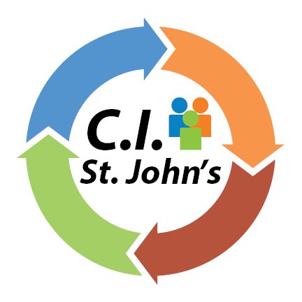 City of St. John's Continuous Improvement logo featuring four curved arrows making a circle. Within the circle are an image of three people with the word CI St. John's