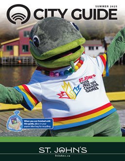 Gusty the  cod fish 2025 Canada Games mascot on the wharf at Quidi Vidi