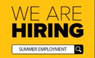 Black text on an orange background: We Are Hiring. Summer Employment in a stylized search bar