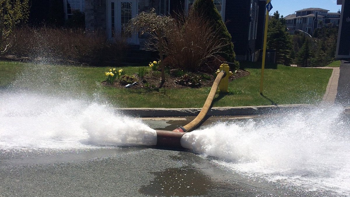 hose discharging water on a street, connected to a fire hydrant