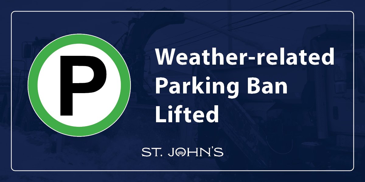 parking symbol with white text that says Weather-related Parking Ban Lifted on a dark blue background. 