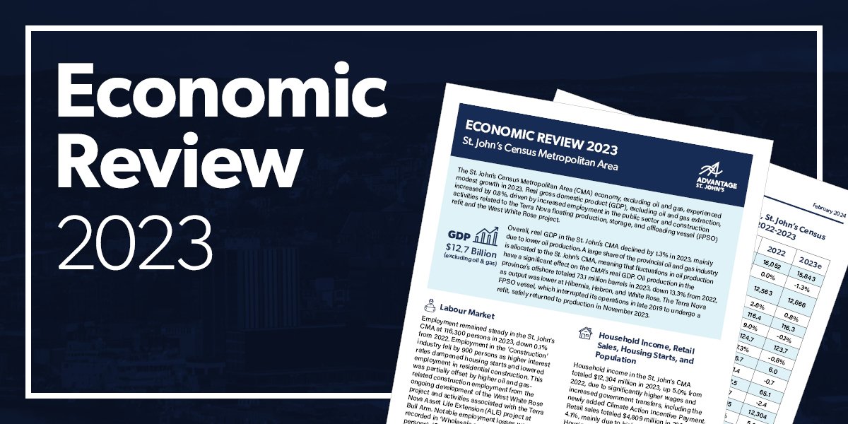 Black background with text that reads "Economic Review 2023" and a graphic of a printed review