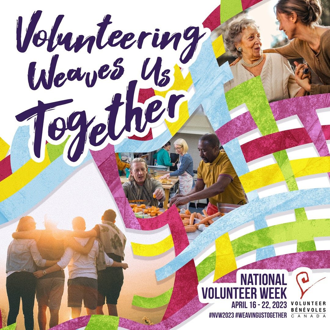 collage with individuals volunteering and text: Volunteering Weaves of Together; National Volunteer Week April 16-22, 2023