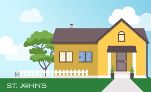 Animated yellow house with fence, tree, and blue sky