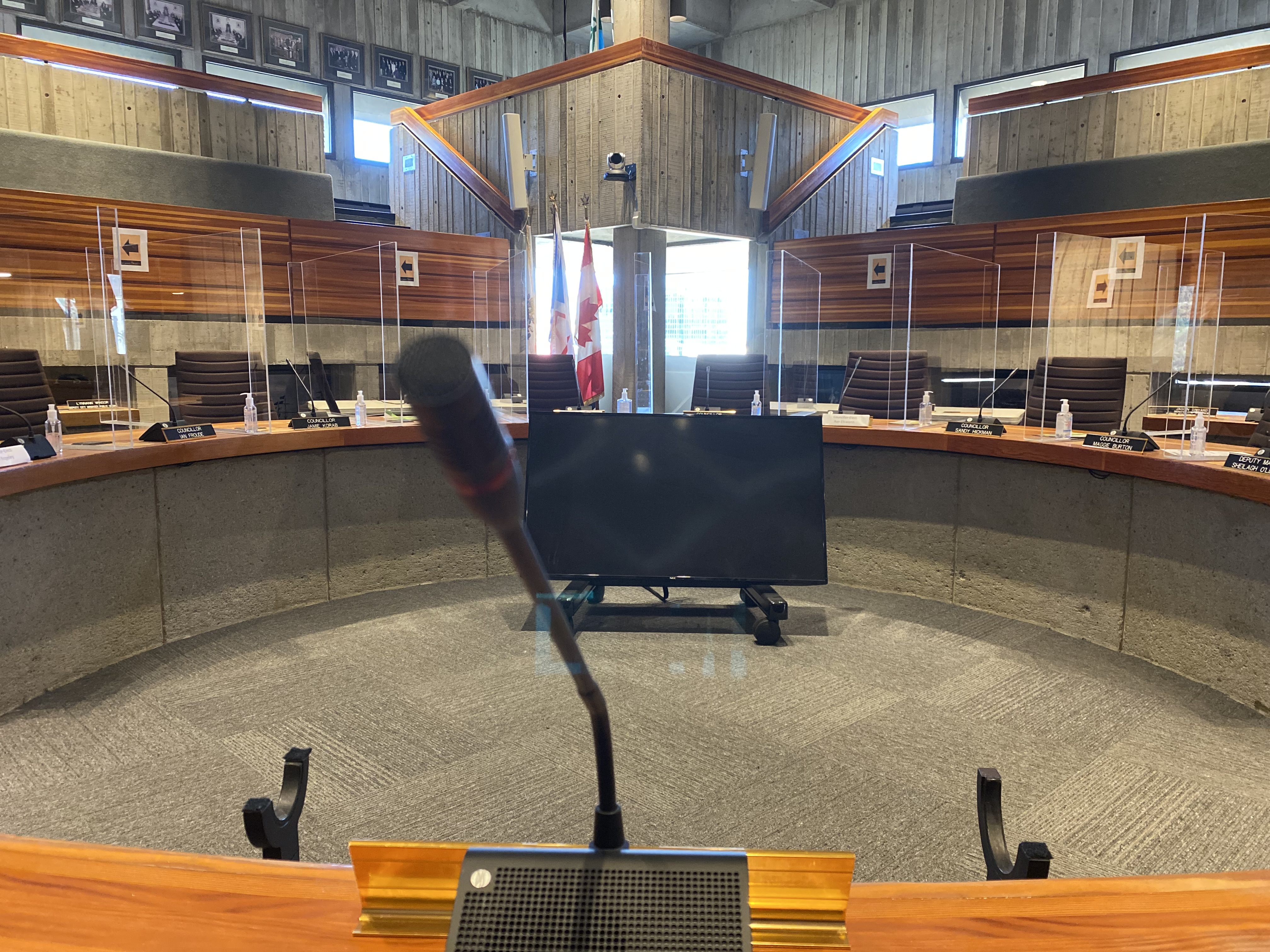 image of the Council chamber from behind the Mayor's microphone