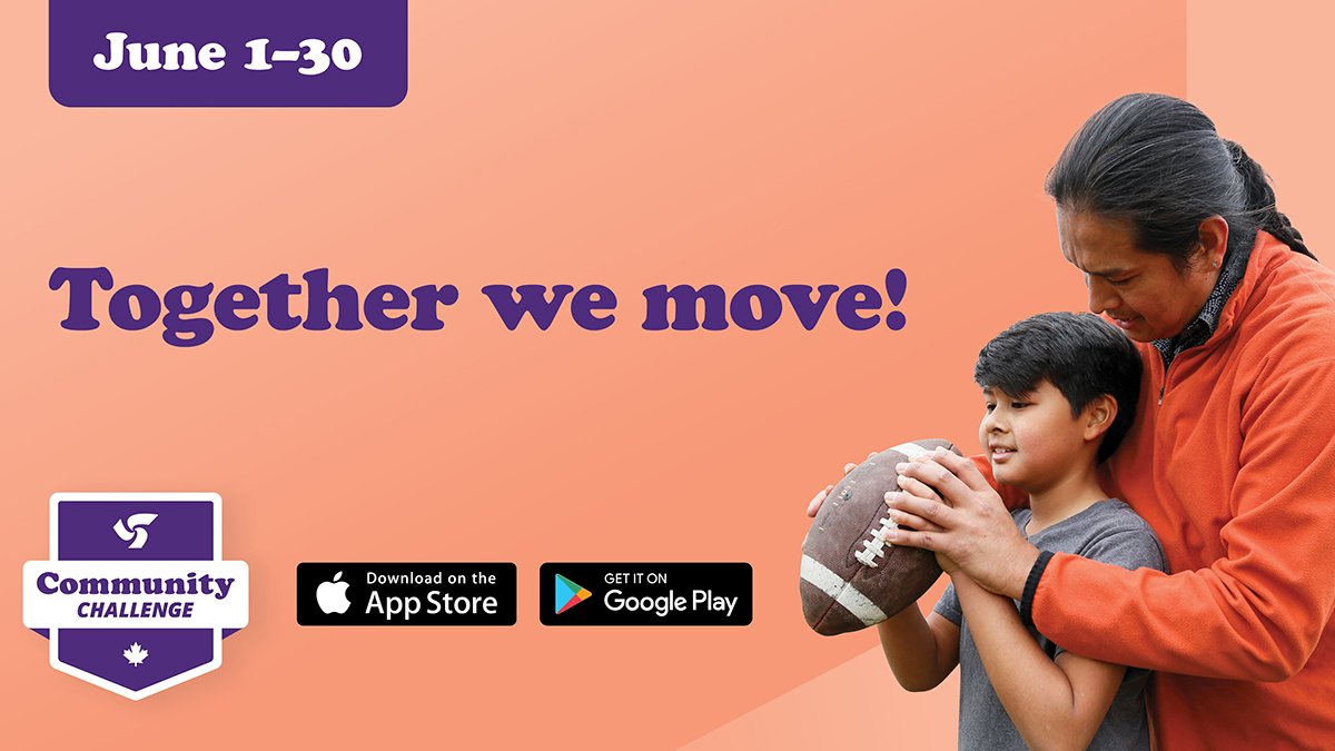 Person and child holding a football. Text that says Together we move! June 1-30. Includes Community Challenge logo. 