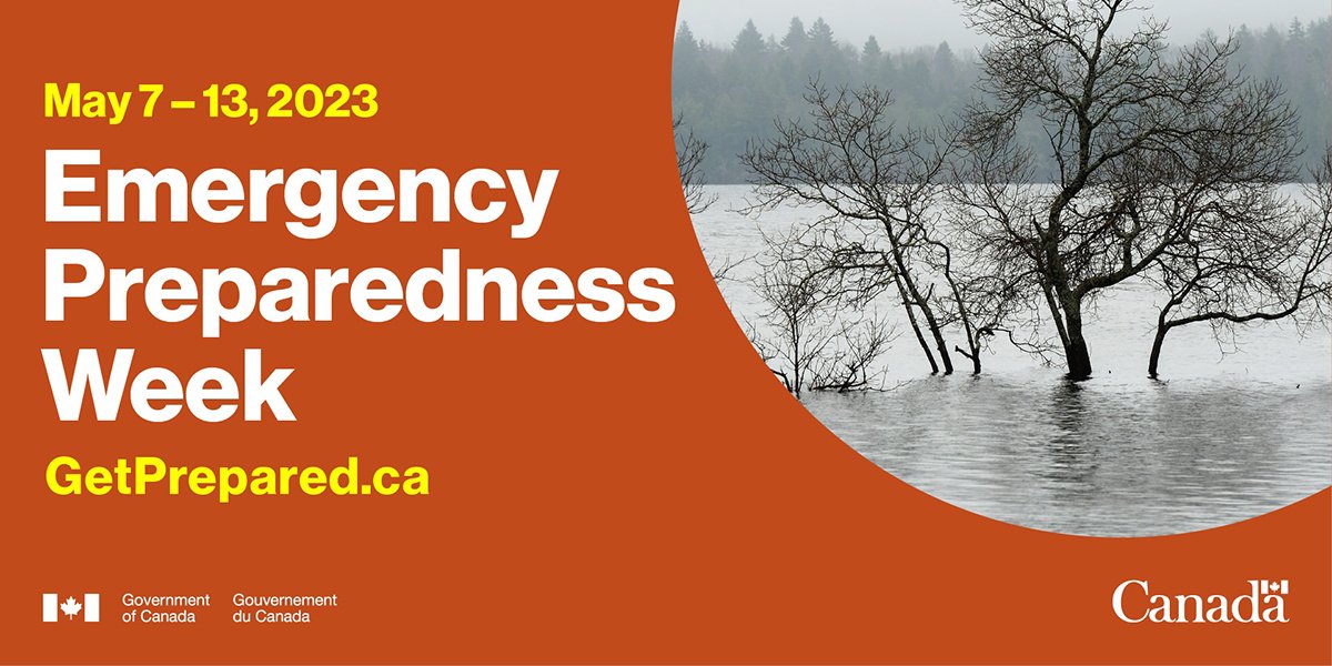 Orange image with white and yellow text that reads Emergency Preparedness Week and a photo of lightening in the sky