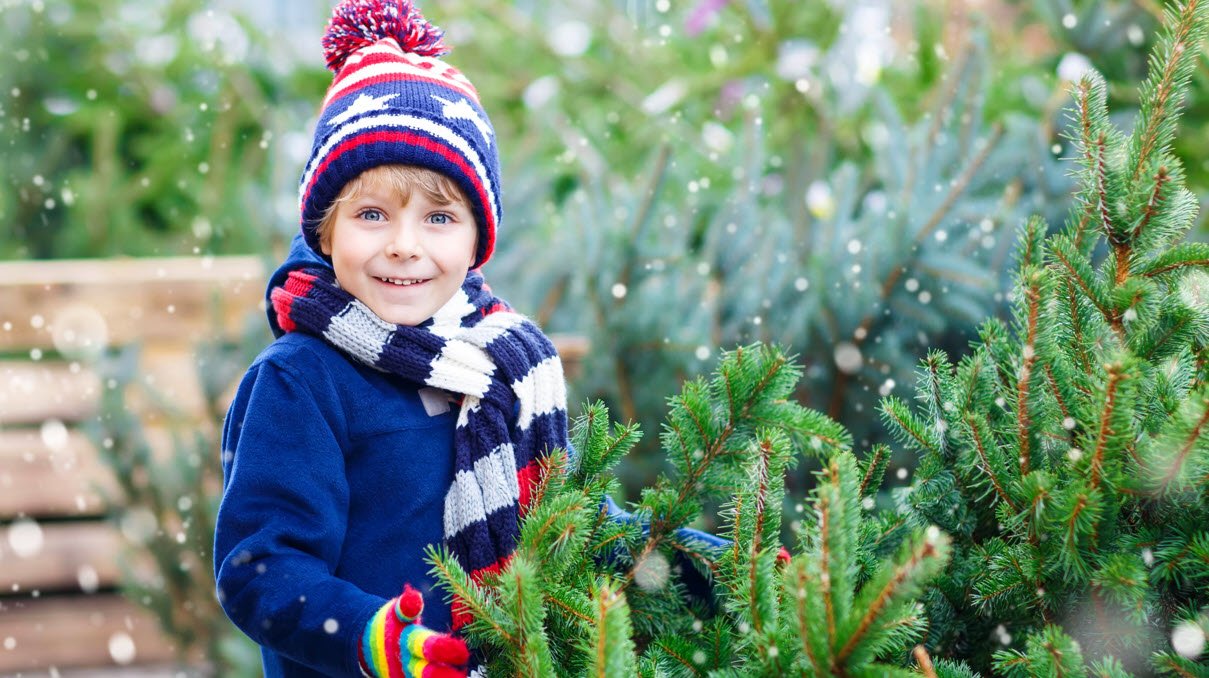 A child is smiling, wearing a winter coat and hat, and standing next to a green tree.