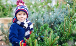 child wearing toque and brightly coloured scarf smiles at camera, holding a Christmas tree