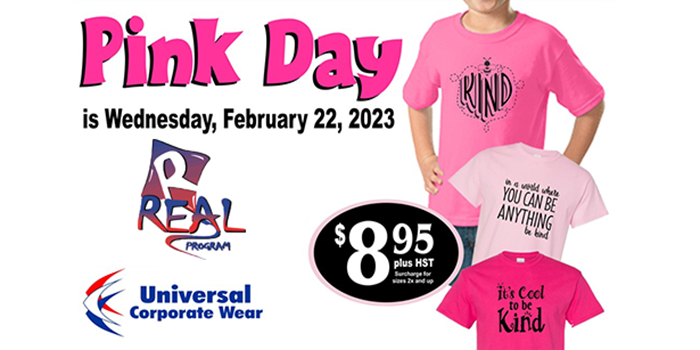 Image of pink shirts, Universal Corporate Wear logo and REAL logo and text that reads $8.95 plus tax per shirt. 