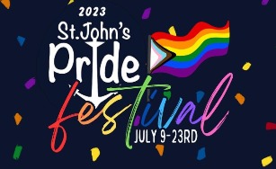 Rainbow confetti with text 2023 St. John's Pride Festival