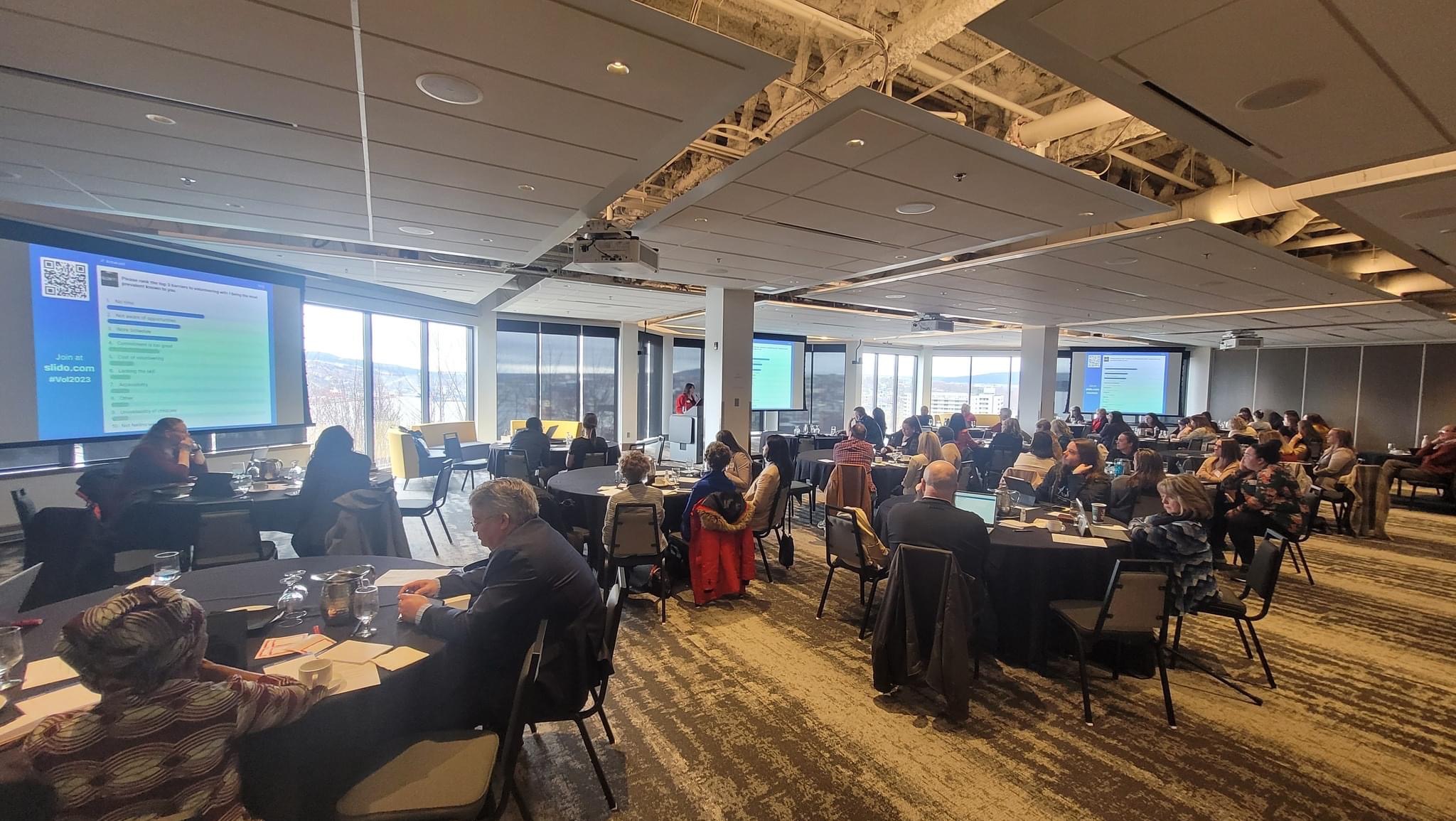 wide shot of room with people at tables