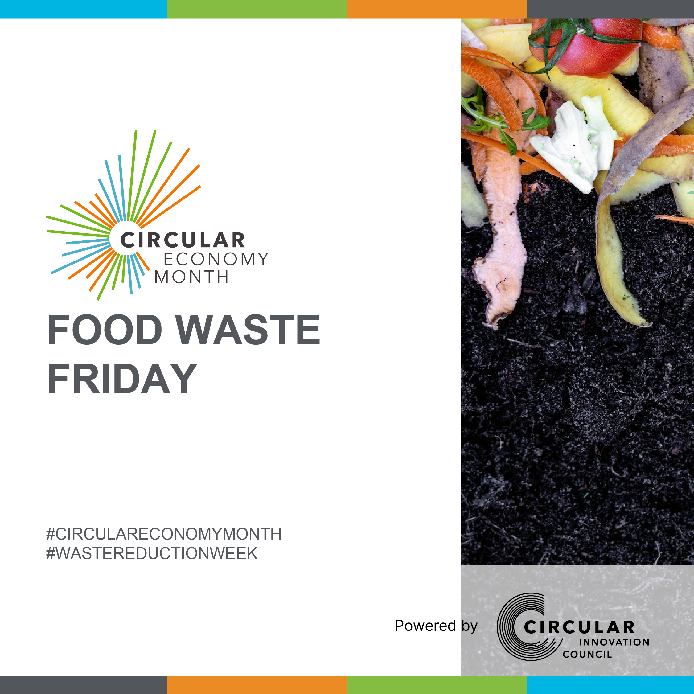 A pile of food waste scraps, including orange peels, green onion slices, potato peels, and egg shells, sit atop a pile of rich, brown-black compost. Food Waste Friday. Circular Economy Month, powered by Circular Innovation Council. #CircularEconomyMonth #WasteReductionWeek.