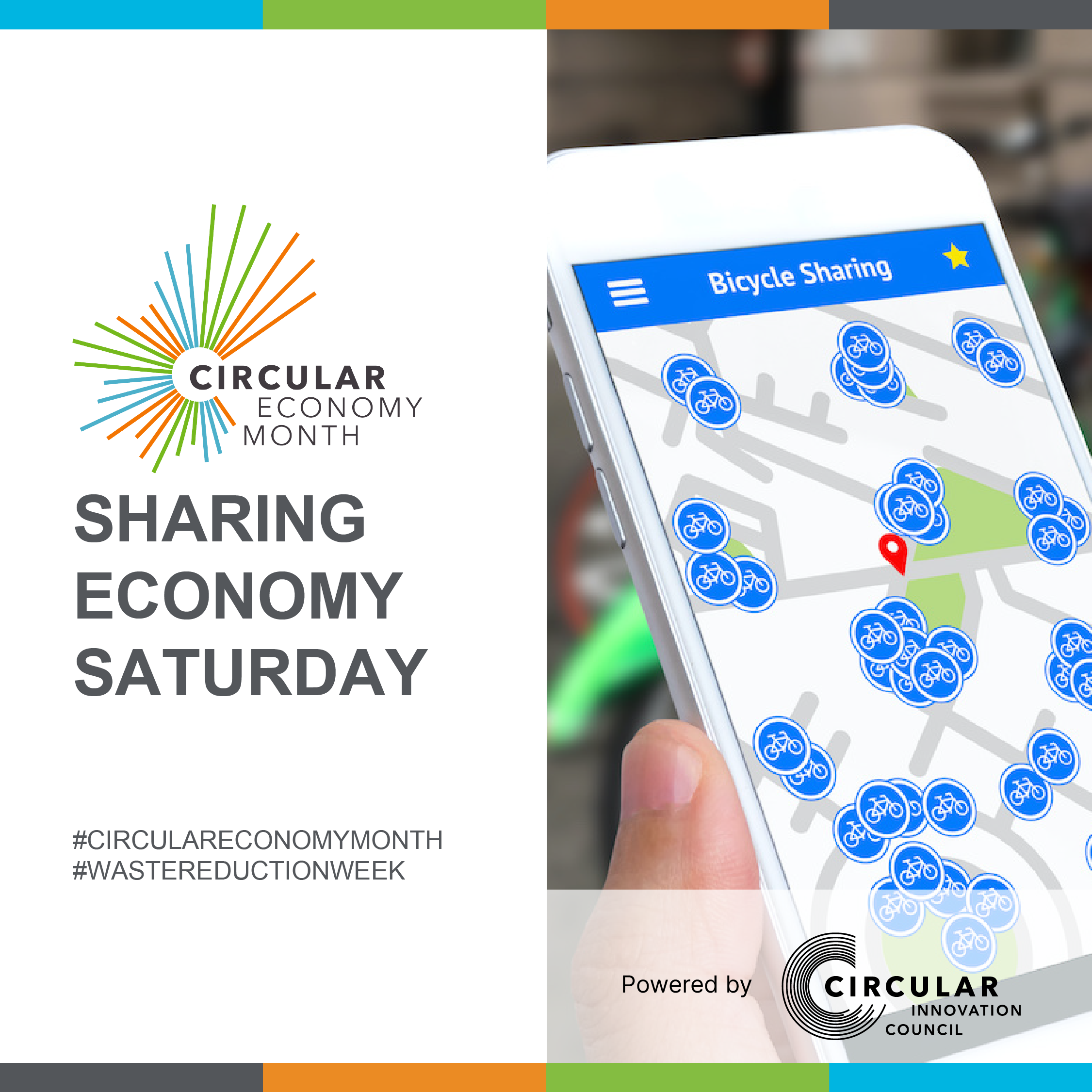 A person holds a smartphone displaying a bike-share app as they walk toward a bike-share station. Sharing Economy Saturday. Circular Economy Month, powered by Circular Innovation Council. #CircularEconomyMonth #WasteReductionWeek.