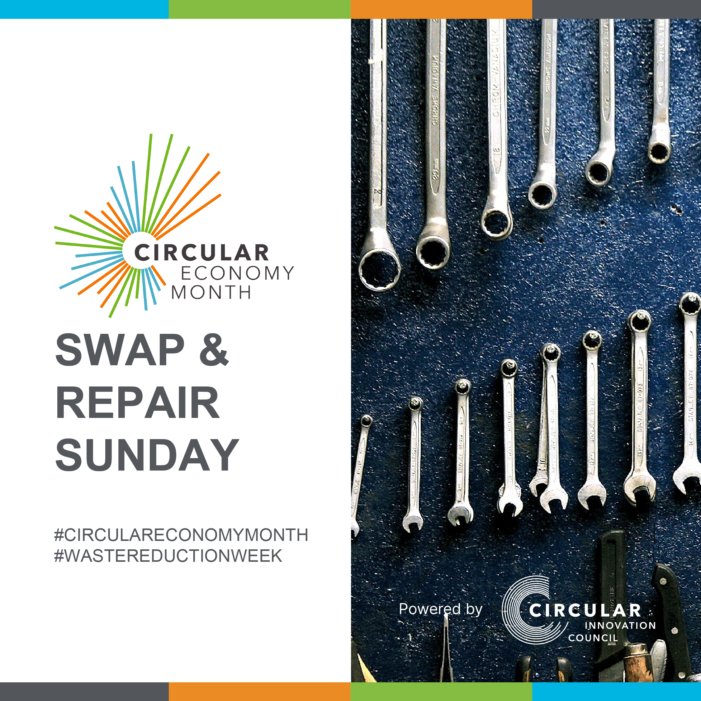 A series of varying-sized metal tools hang on a blue wall. Swap and Repair Sunday. Circular Economy Month, powered by Circular Innovation Council. #CircularEconomyMonth #WasteReductionWeek.
