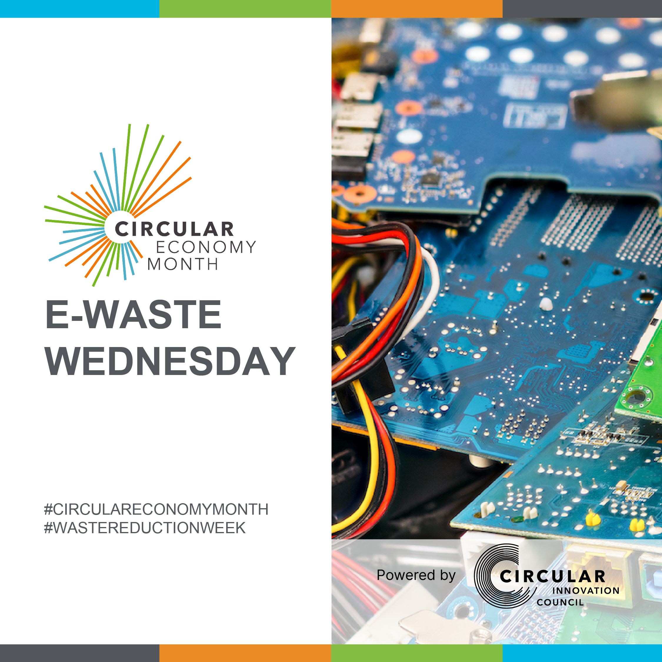 : Green and blue computer chips collected into a pile. E-Waste Wednesday. Circular Economy Month, powered by Circular Innovation Council. #CircularEconomyMonth #WasteReductionWeek.