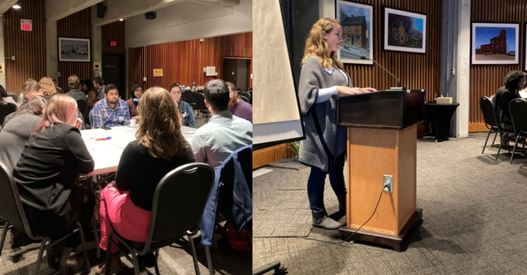 two images in collage; two the left is a large group of individuals seated at tables and two the right is Chair Maria Penney in side profile at a podium