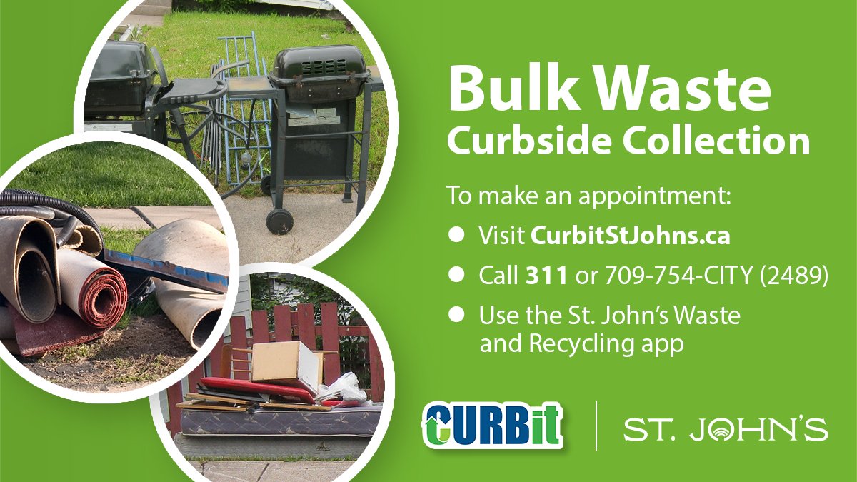 Image of bulk waste at the curb on a green background with instructions on how to book an appointment