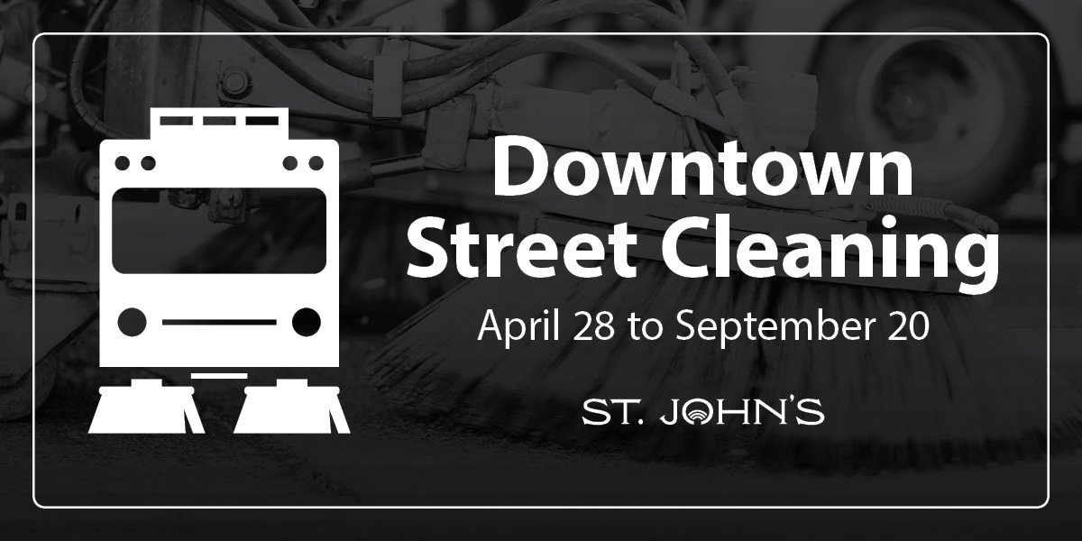 black background with icon of street cleaning equipment and includes text Downtown Street Cleaning April 28 to September 20. 