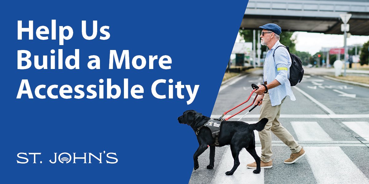A person walking with a service animal and white cane over a cross walk with the text Help Us Build a More Accessible City overlaid a blue background. 