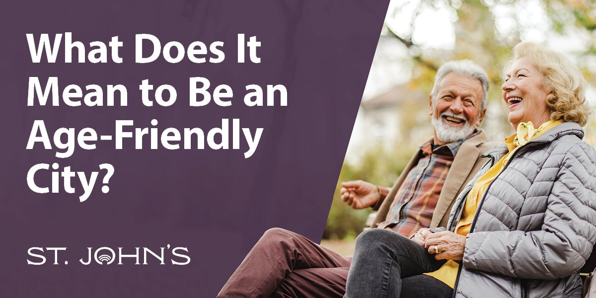 two people sitting and laughing; purple background with white text that says: what does it mean to be an age-friendly city?