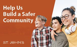 Orange background with white text "Help Us Build a Safer Community" with three people laughing