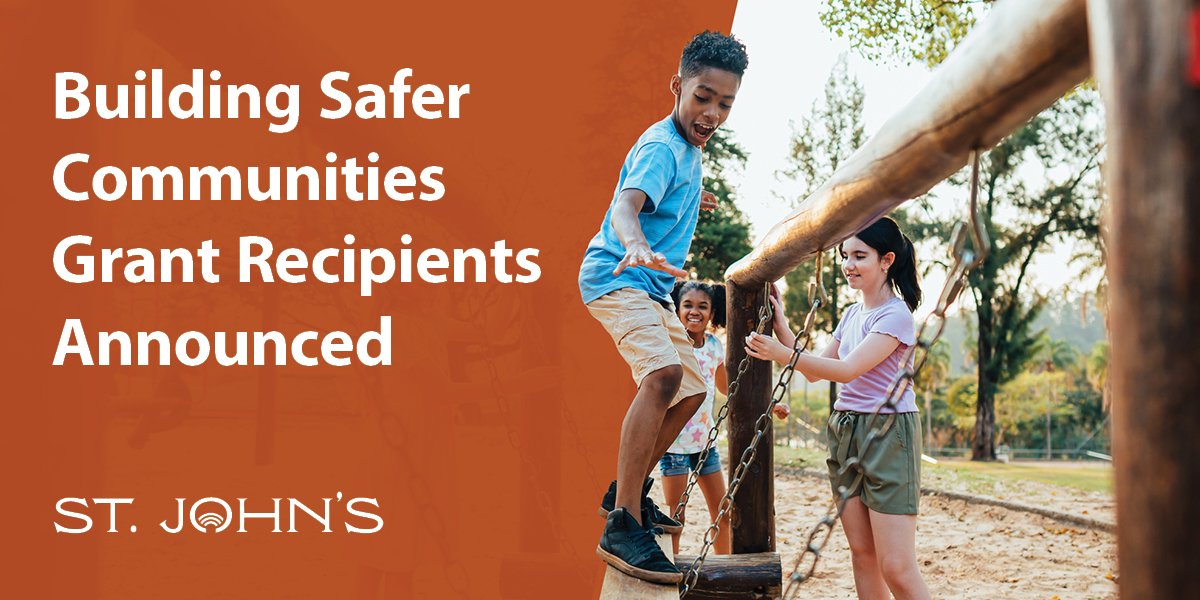 Children playing on a playground and includes text that says Building Safer Communities Grant Recipients Announced. 