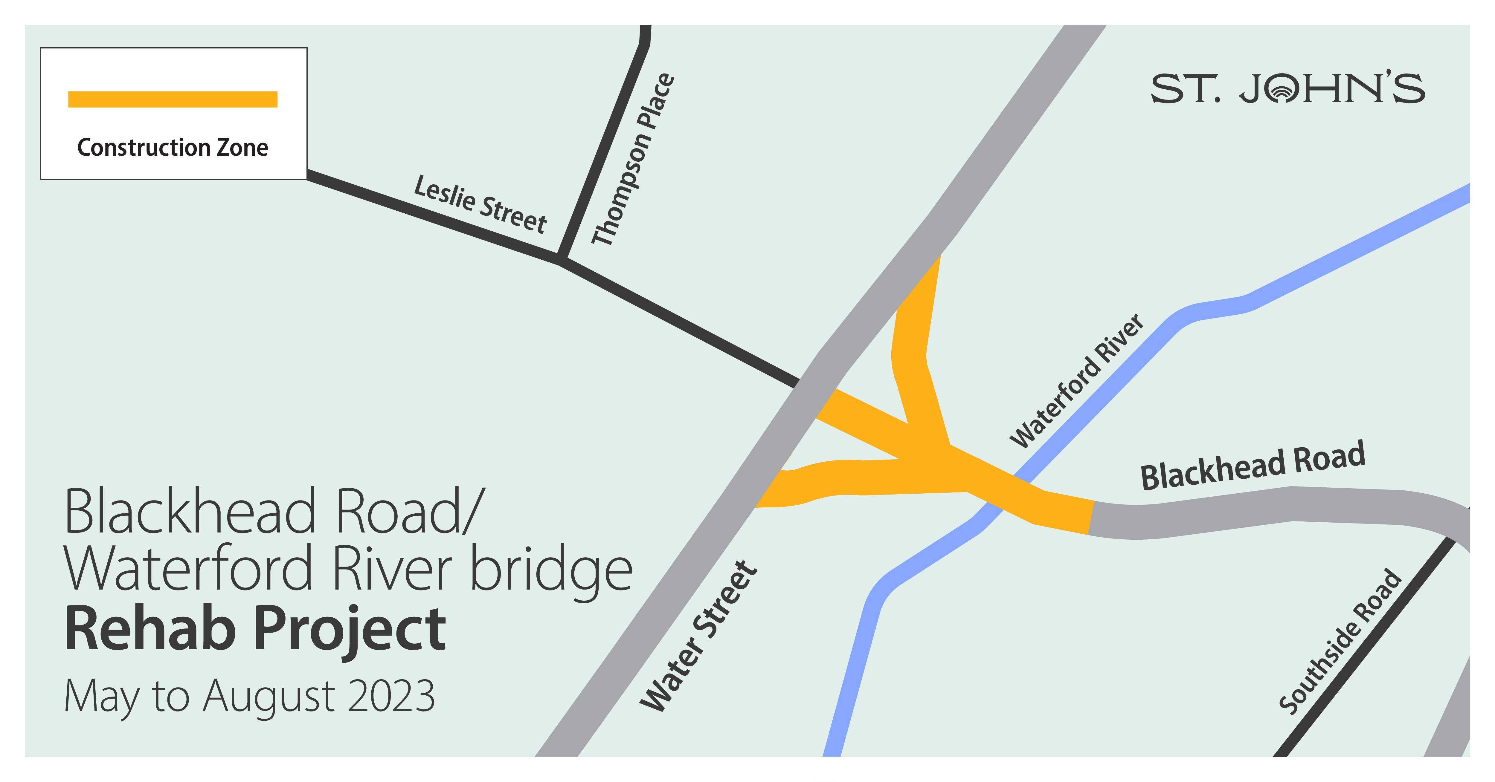 A map of a bridge and surrounding streets, showing the location of a construction project in yellow.