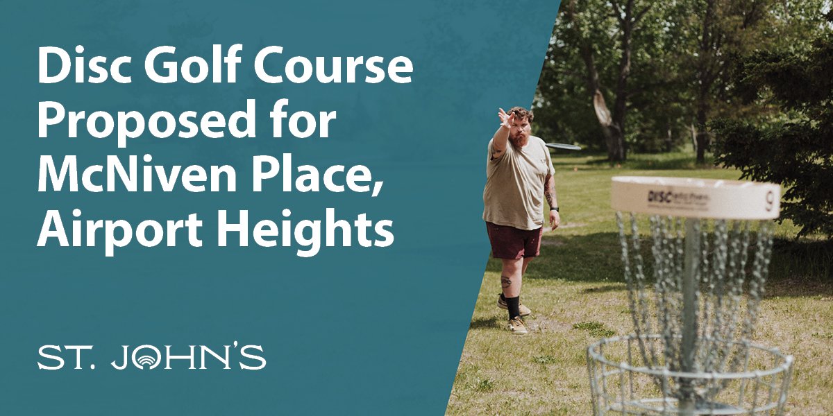 Person playing disc golf; blue background with white text that says disc golf course proposed for McNiven Place, Airport Heights