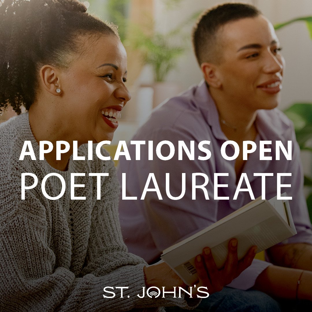 Two people sat with one holding a book. Text overlay that says Applications Open Poet Laureate