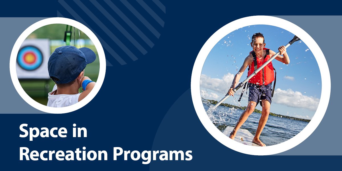 children using a stand up paddle board and doing archery, includes text 