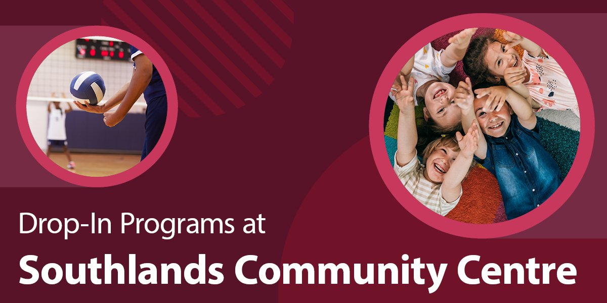 kids smiling up at the camera, hand of person playing volleyball, includes text drop-in programs at Southlands Community Centre. 