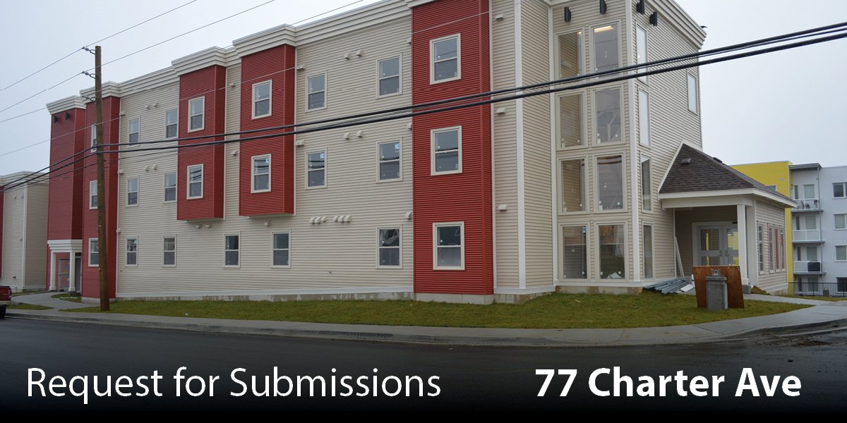 An image of 77 Charter Ave with the text "Request for Submissions" on a maroon overlay