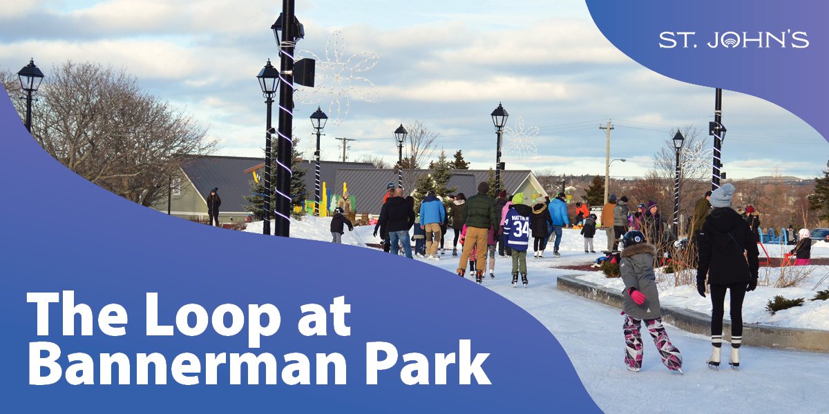 People skating at the Loop, blue background with white text that says The Loop at Bannerman Park and includes St. John's logo
