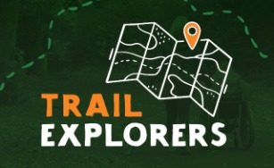 Dark green background with an animated image of a map with orange and white text, "Trail Explorers"