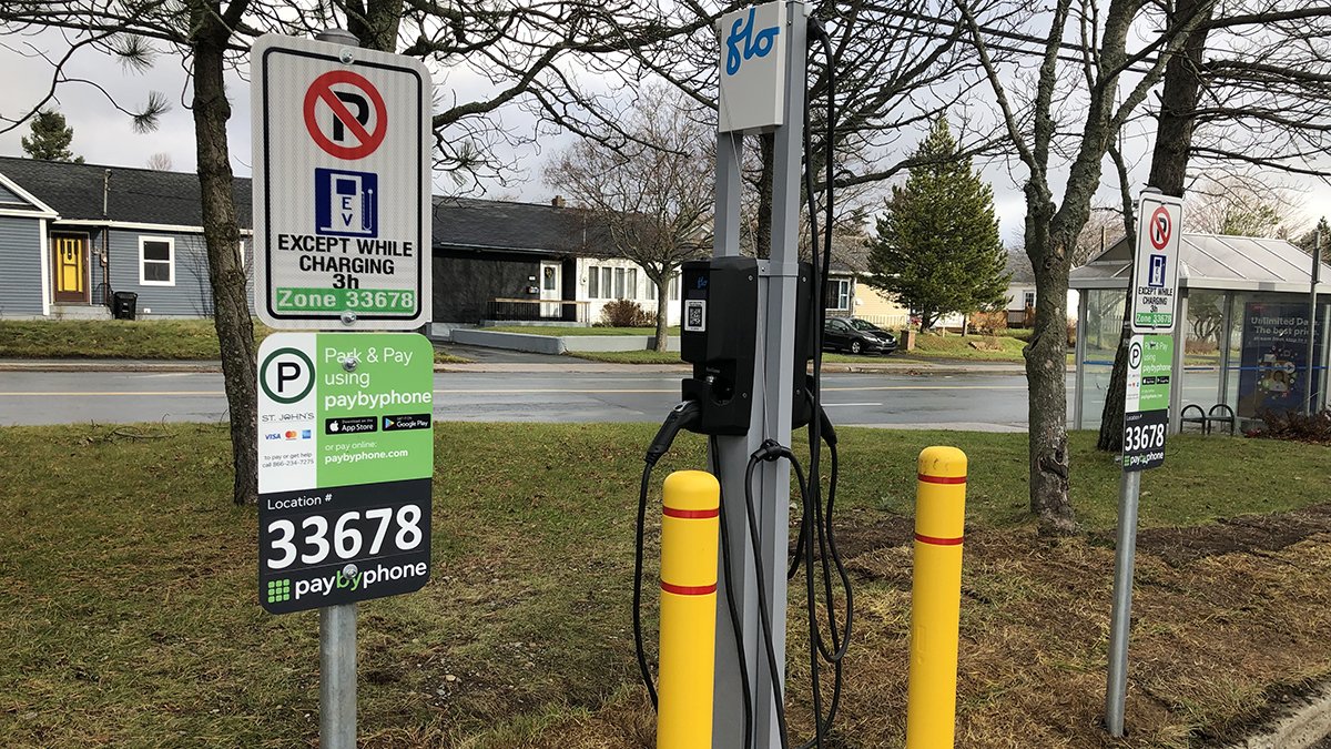 Electric charger station for electric car with parking sign in parking lot