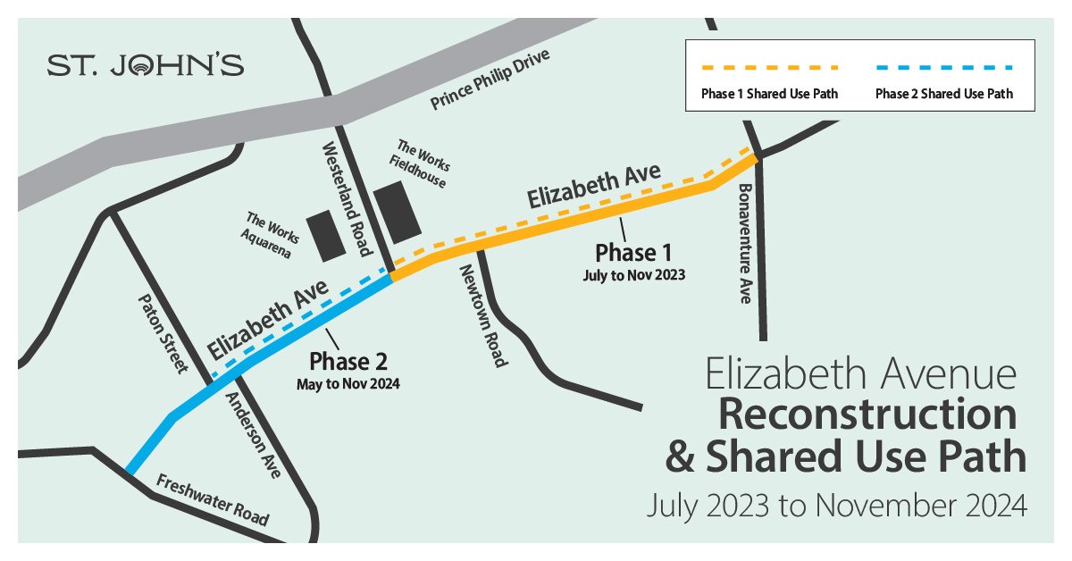 illustrated map showing Elizabeth Ave and the construction in two phases marked with yellow and blue lines