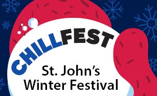 Illustration of red gloves holding a snowball with text that says Chillfest St. John's Winter Festival